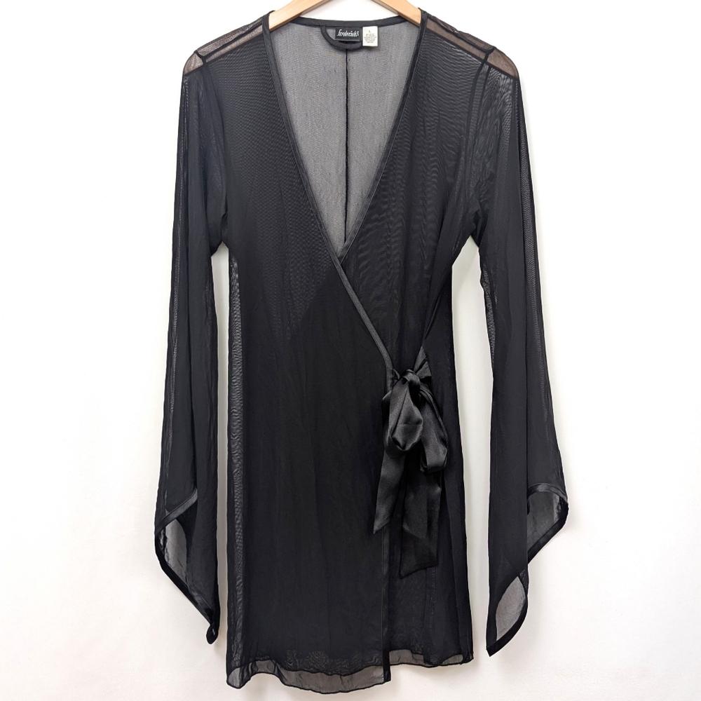 Vintage Frederick's of Hollywood Sheer Robe Tie Front V-Neck Lingerie Boudoir L